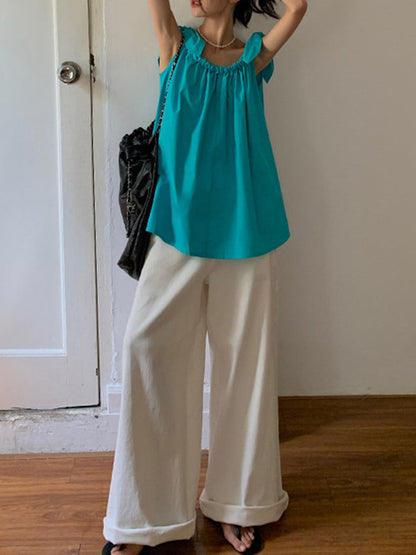 High Waisted Wide Leg Pleated Solid Color Casual Pants Bottoms Flared Trousers