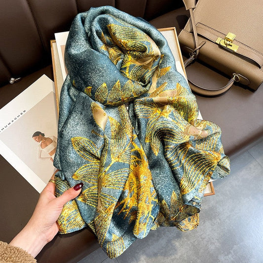 Contrast Print Long Silk Scarf
