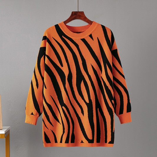 Zebra Print Crew Neck Loose Sweater