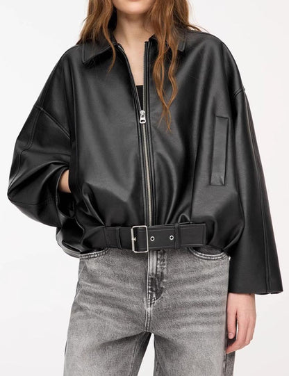 Loose Drop Shoulder Leather Jacket
