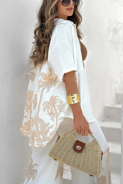 Coconut Palm Linen Blend Unique Print Oversized Shirt and Elastic Waist Pocket Loose Pants Set
