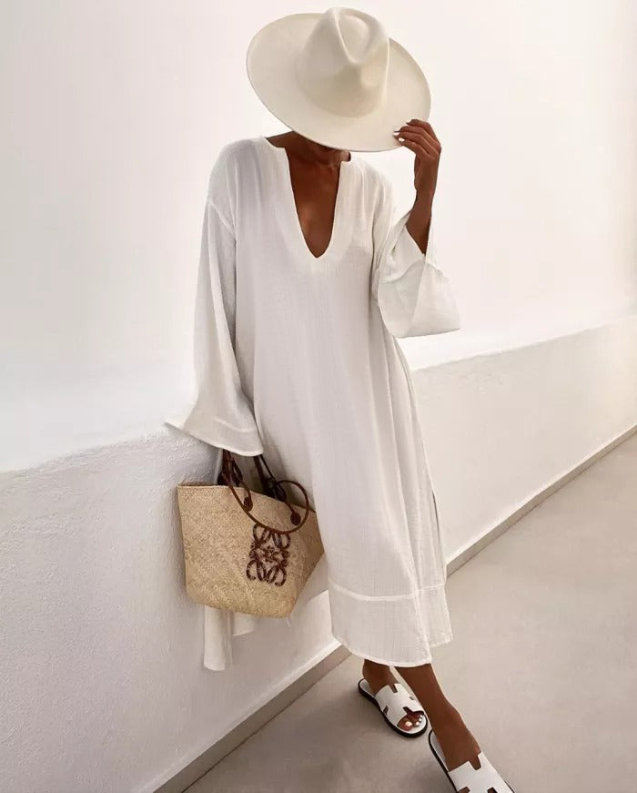 Vacation Flared Sleeves Solid Color Deep V-Neck Midi Dresses