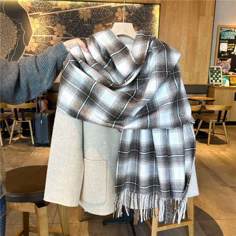 Color Block Plaid Fringe Scarf