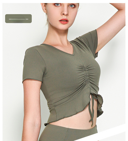 Rope V-Neck Sports Short Sleeve Lotus Leaf Pendulum Short Yoga Jacket With Chest Pad Nude Yoga