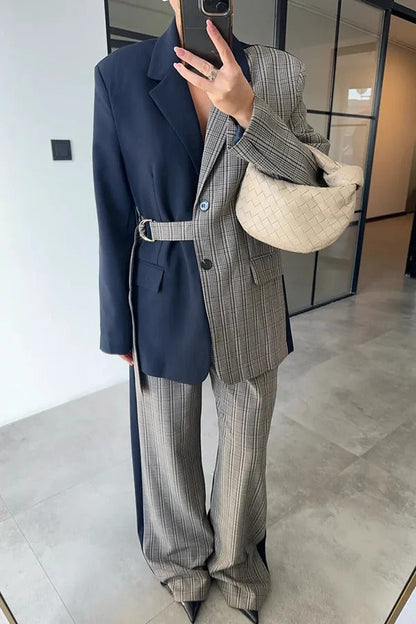 Nayla Plaid Contrast Color Belted Long Sleeve Lapel Blazer and Pocketed Wide Leg Pants Set
