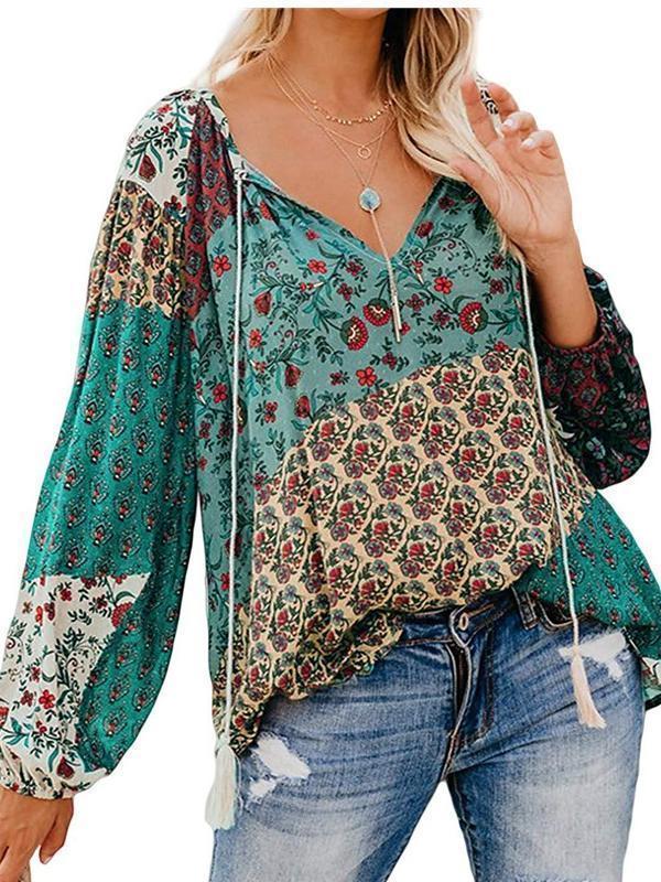 Women Autumn Blouse Floral Print Long Loose V-Neck Pullover Drawstring Shirt