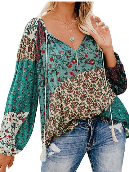 Women Autumn Blouse Floral Print Long Loose V-Neck Pullover Drawstring Shirt