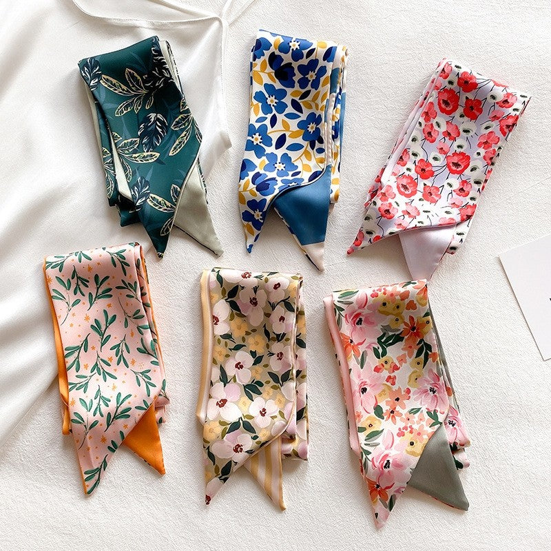Elegant Floral Long Silk Hair Scarf