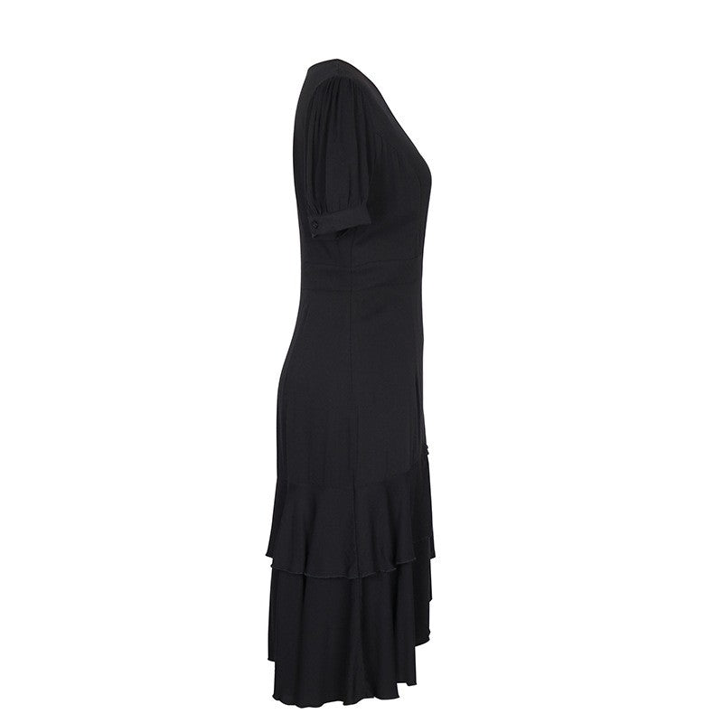 Solid Color Short-Sleeved Sexy V-Neck Irregular Slim Dress