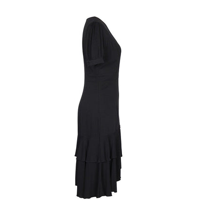 Solid Color Short-Sleeved Sexy V-Neck Irregular Slim Dress
