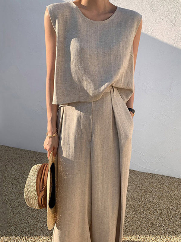 Casual Plus Size Solid Color Sleeveless T-Shirts Tops & Wide Leg Pants Suits