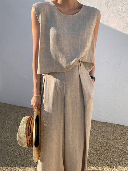 Casual Plus Size Solid Color Sleeveless T-Shirts Tops & Wide Leg Pants Suits