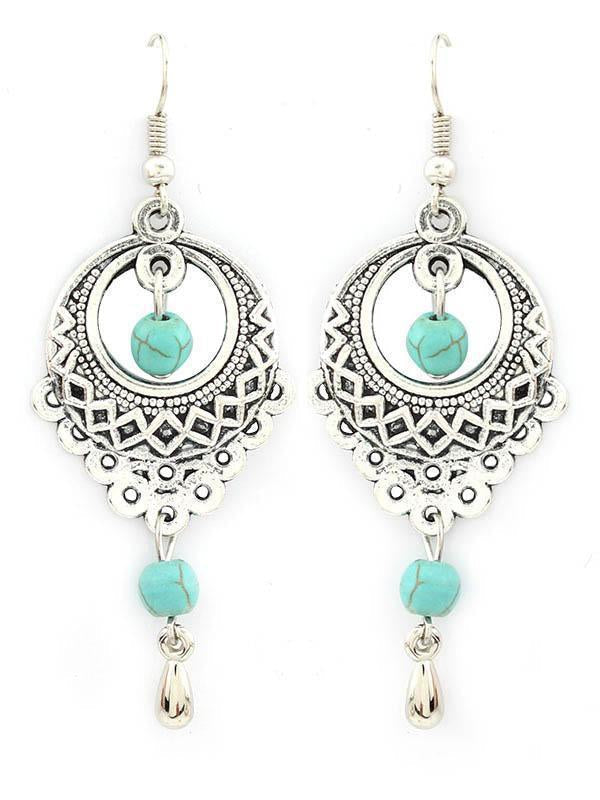 Vintage Ethnic Turquoise Hollow Carved Water Drops Earrings