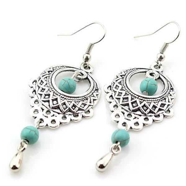 Vintage Ethnic Turquoise Hollow Carved Water Drops Earrings
