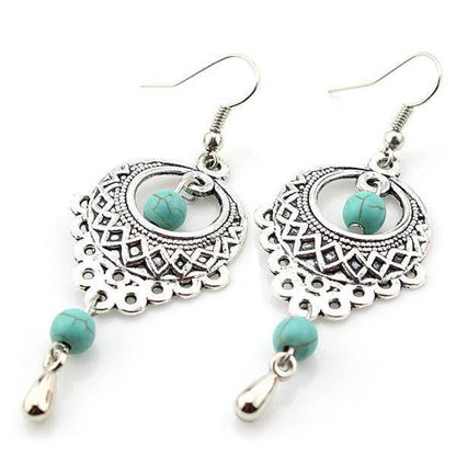 Vintage Ethnic Turquoise Hollow Carved Water Drops Earrings