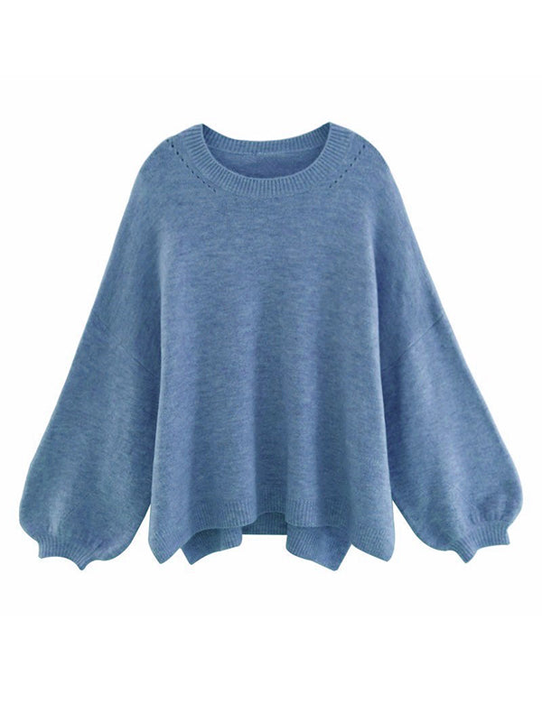 Loose Puff Sleeves Split-Side Solid Round-Neck Sweater Tops