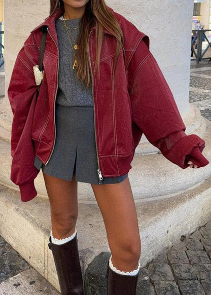 Oversized Zipper Jacket In Wine Red With White Stitching