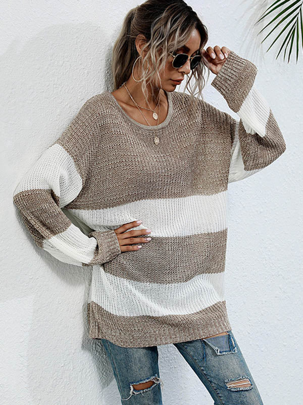 Simple Loose Contrast Color Striped Round-Neck Sweater