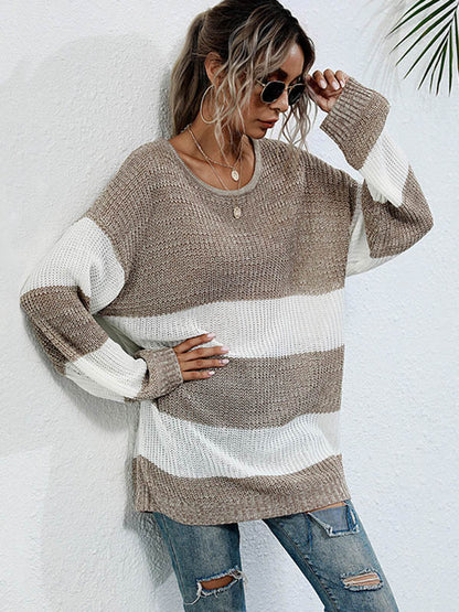 Simple Loose Contrast Color Striped Round-Neck Sweater