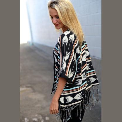 Bohemian Tasseled  Printing Mid-Sleeved Striped Coat