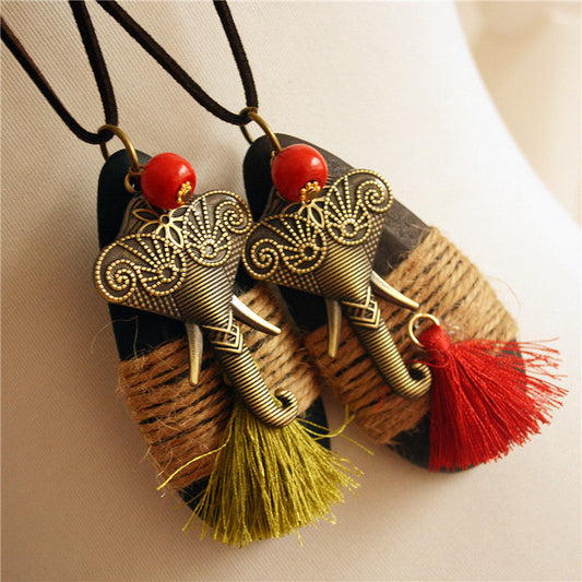 Vintage Ethnic Style New Cotton And Hemp Accessories Hemp Rope Wood Tassel Elephant Long Necklace Sweater Chain