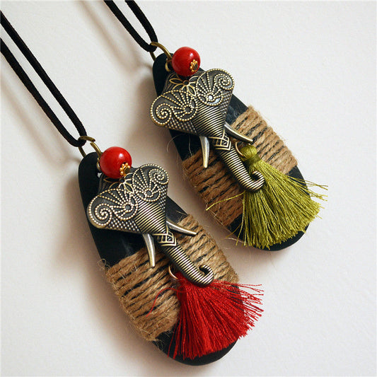 Vintage Ethnic Style New Cotton And Hemp Accessories Hemp Rope Wood Tassel Elephant Long Necklace Sweater Chain