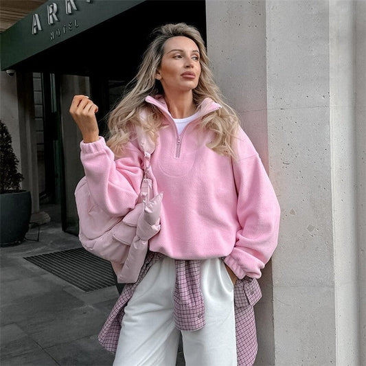 Cozy Oversized Fleece Pullover With Lapel Collar