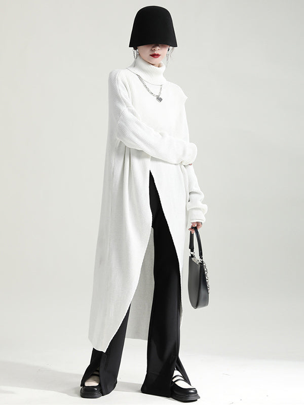 Original High-Low Asymmetric Knitting Dress High-Neck Sweater Dress