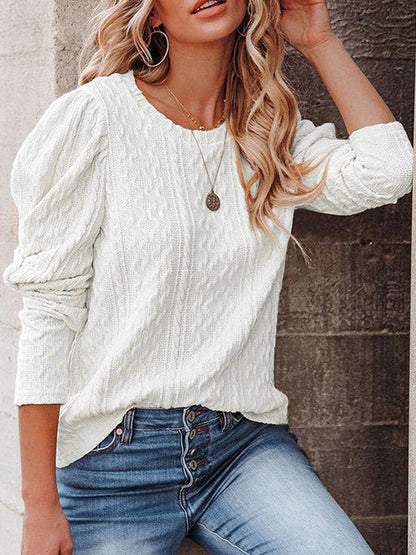Casual Loose Long Sleeves Jacquard Solid Color Round-Neck Sweater Tops