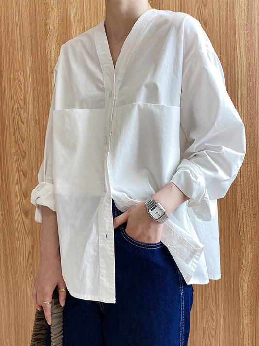 Long Sleeves Loose Buttoned Solid Color Split-Joint V-Neck Blouses&Shirts Tops