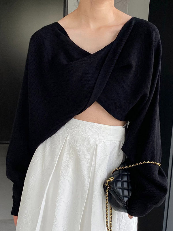 Batwing Sleeves Long Sleeves Knot Solid Color V-Neck Pullovers Sweater Tops