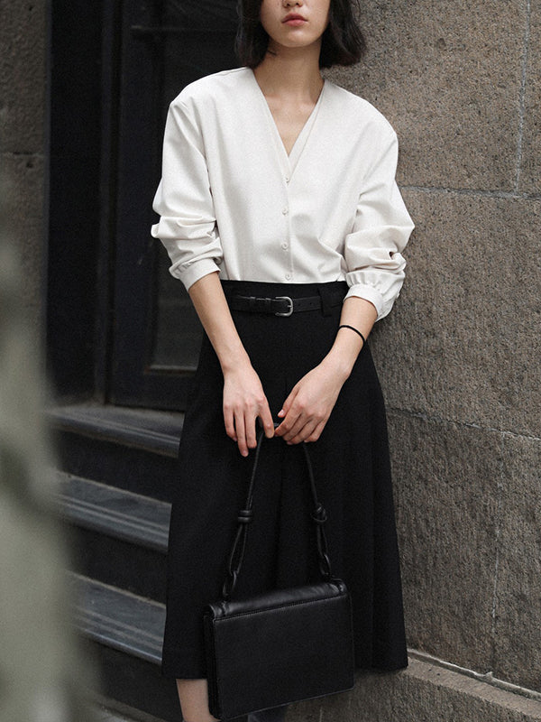 Solid Color V-Cut Double Layered Buttoned Retro Long Sleeves Blouses