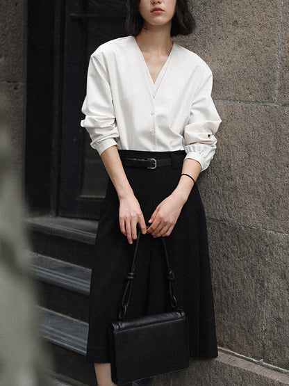 Solid Color V-Cut Double Layered Buttoned Retro Long Sleeves Blouses