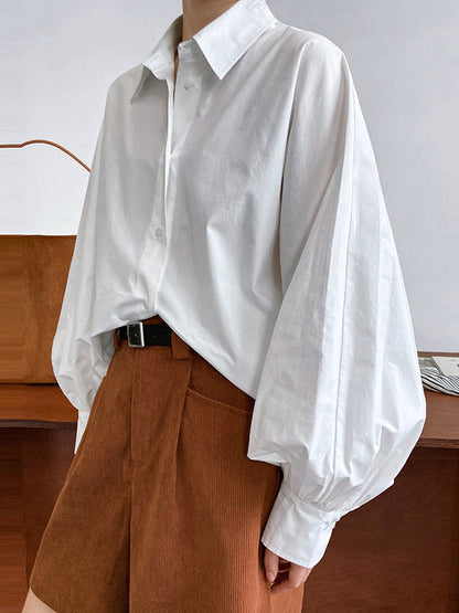 Long Sleeves Loose Buttoned Pleated Solid Color Lapel Blouses&Shirts Tops