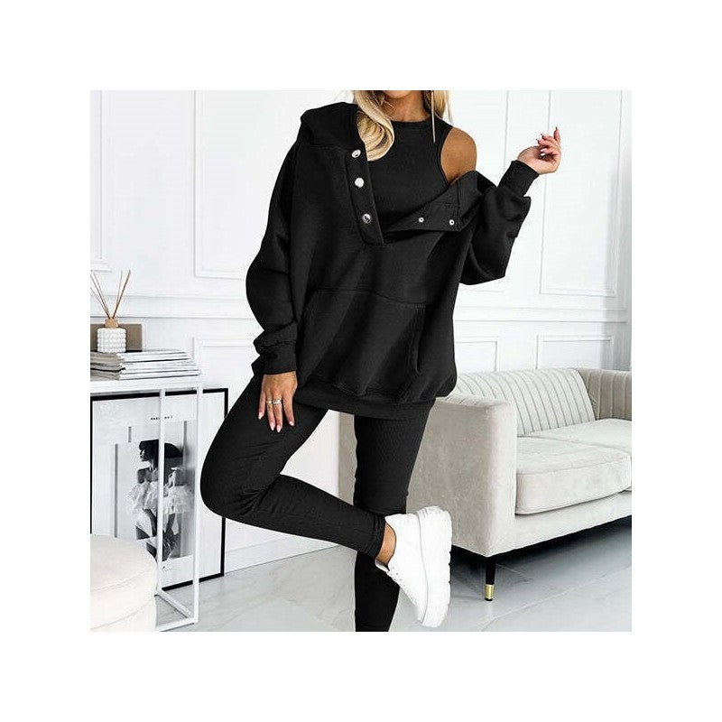 3-Piece Set- Leisure Hoodie, Thick Ribbed Vest, And Pants