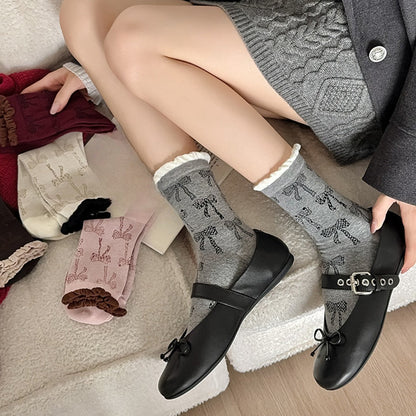 Rufia - Retro Doodle Bow Crew Socks - Sweet &amp; Stylish