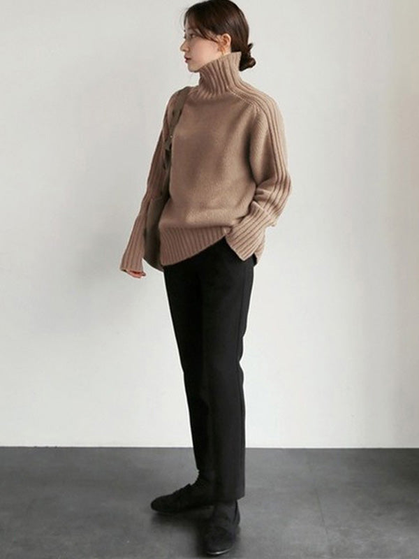 Loose Long Sleeves Solid Color High-Neck Sweater Tops