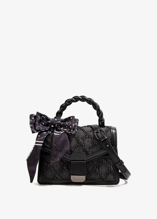 Textured Faux Leather Mini Handbag With Printed Bow