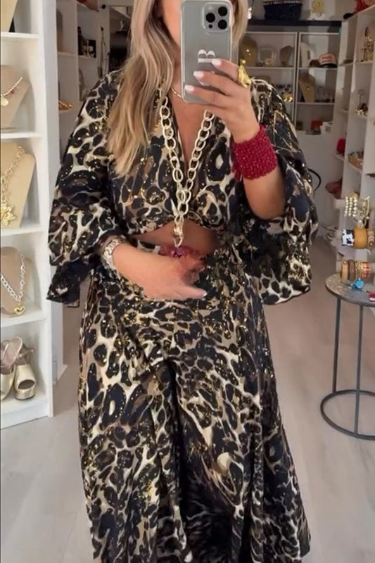 Gold Foil Leopard Print Balloon Sleeve Twist Top and High Rise Elastic Waist Oversized Flare Pants Set