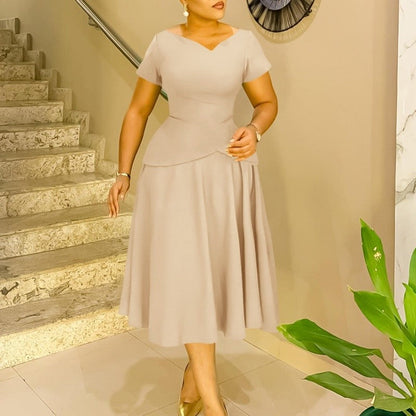 Solid Color V-Neck A-Line Swing Dress