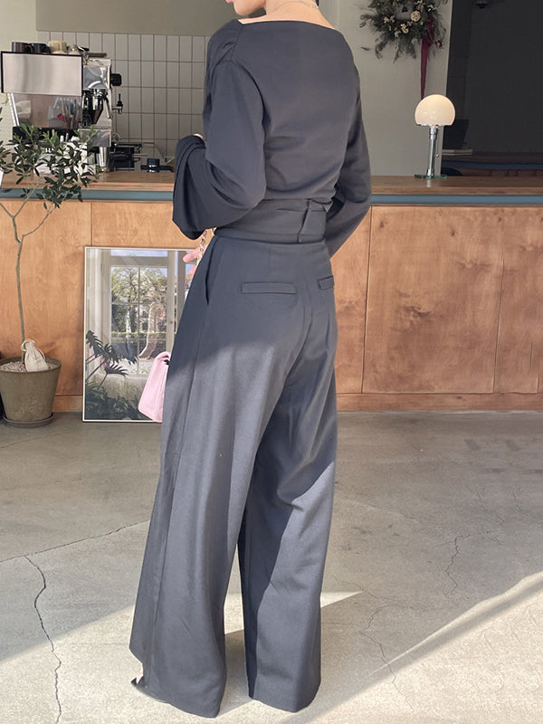 Wide Leg Pockets Solid Color Zipper Casual Pants Bottoms