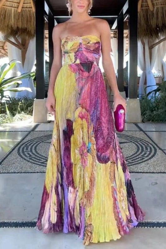 Spaghetti Strap Waisted Floral Print Swing Maxi Dress