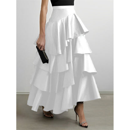 A-Line High Waisted Falbala Solid Color Long Skirts