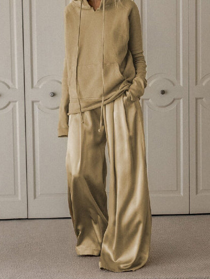 High Waisted Long Sleeves Drawstring Hooded Solid Color Split-Joint Hooded Pants Set Two Pieces Set Two-Piece Sets