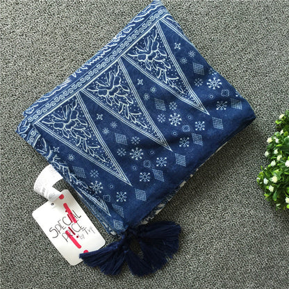 New Vintage Ethnic Silk Scarf Literature And Art Bali Yarn Blue And White Porcelain Fringe Scarf Shawl