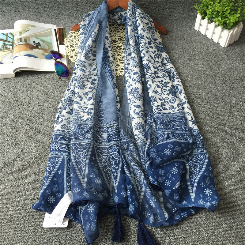 New Vintage Ethnic Silk Scarf Literature And Art Bali Yarn Blue And White Porcelain Fringe Scarf Shawl