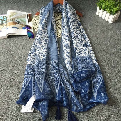 New Vintage Ethnic Silk Scarf Literature And Art Bali Yarn Blue And White Porcelain Fringe Scarf Shawl