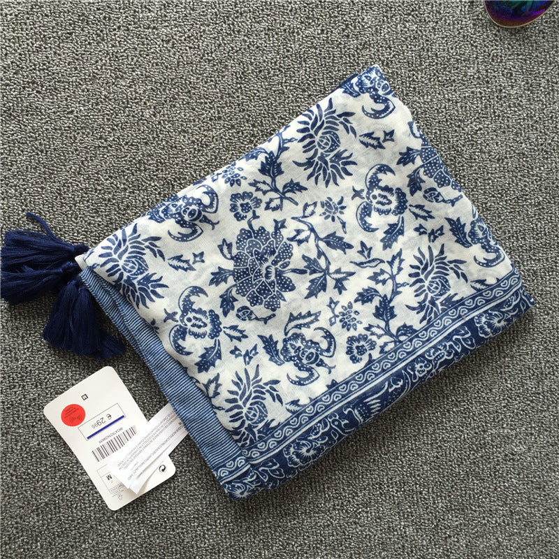 New Vintage Ethnic Silk Scarf Literature And Art Bali Yarn Blue And White Porcelain Fringe Scarf Shawl