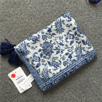 New Vintage Ethnic Silk Scarf Literature And Art Bali Yarn Blue And White Porcelain Fringe Scarf Shawl
