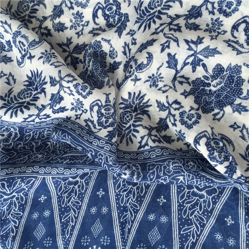 New Vintage Ethnic Silk Scarf Literature And Art Bali Yarn Blue And White Porcelain Fringe Scarf Shawl